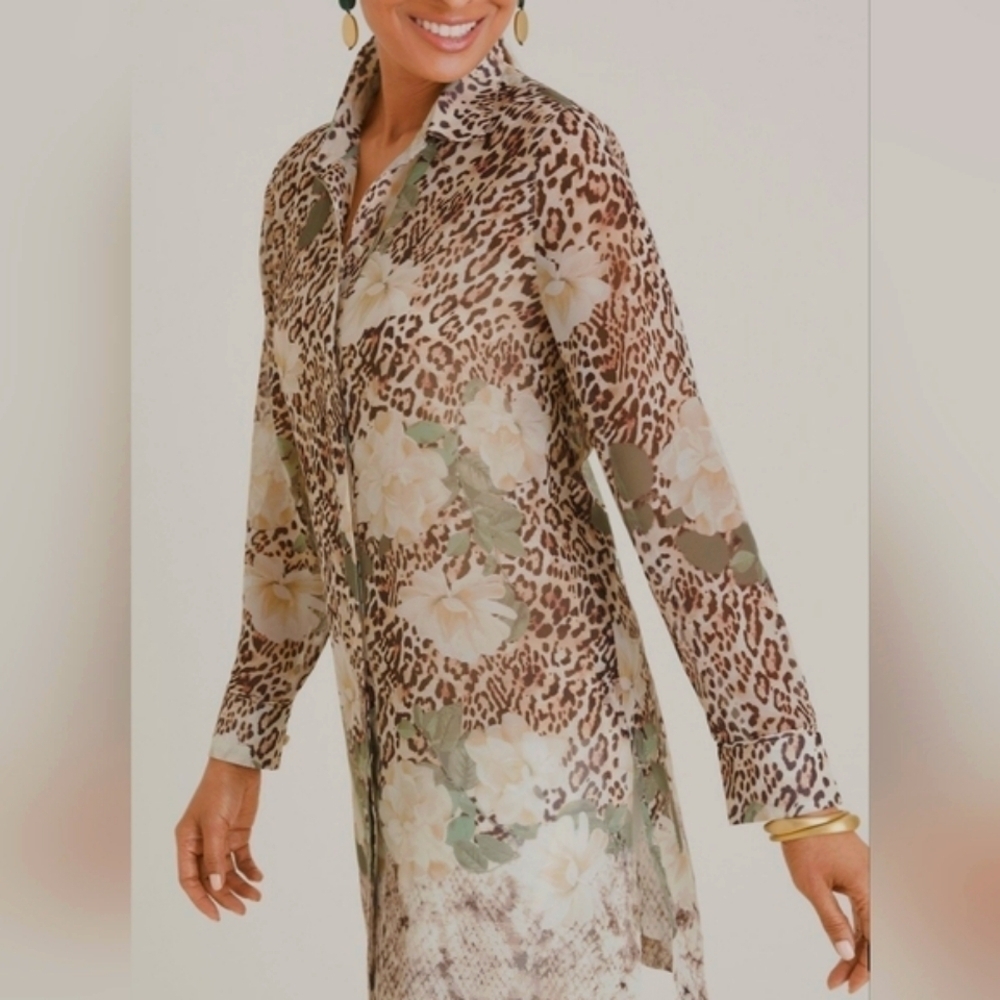Chicos Poised Blooms Leopard Tunic Size 2, Size 12/14 STYLE: 570297361​​​​​